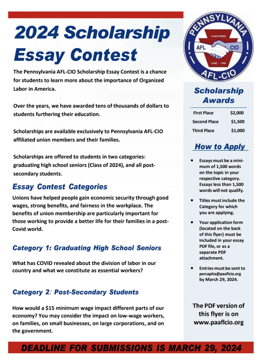 2024 Scholarship Essay Contest Pennsylvania AFLCIO