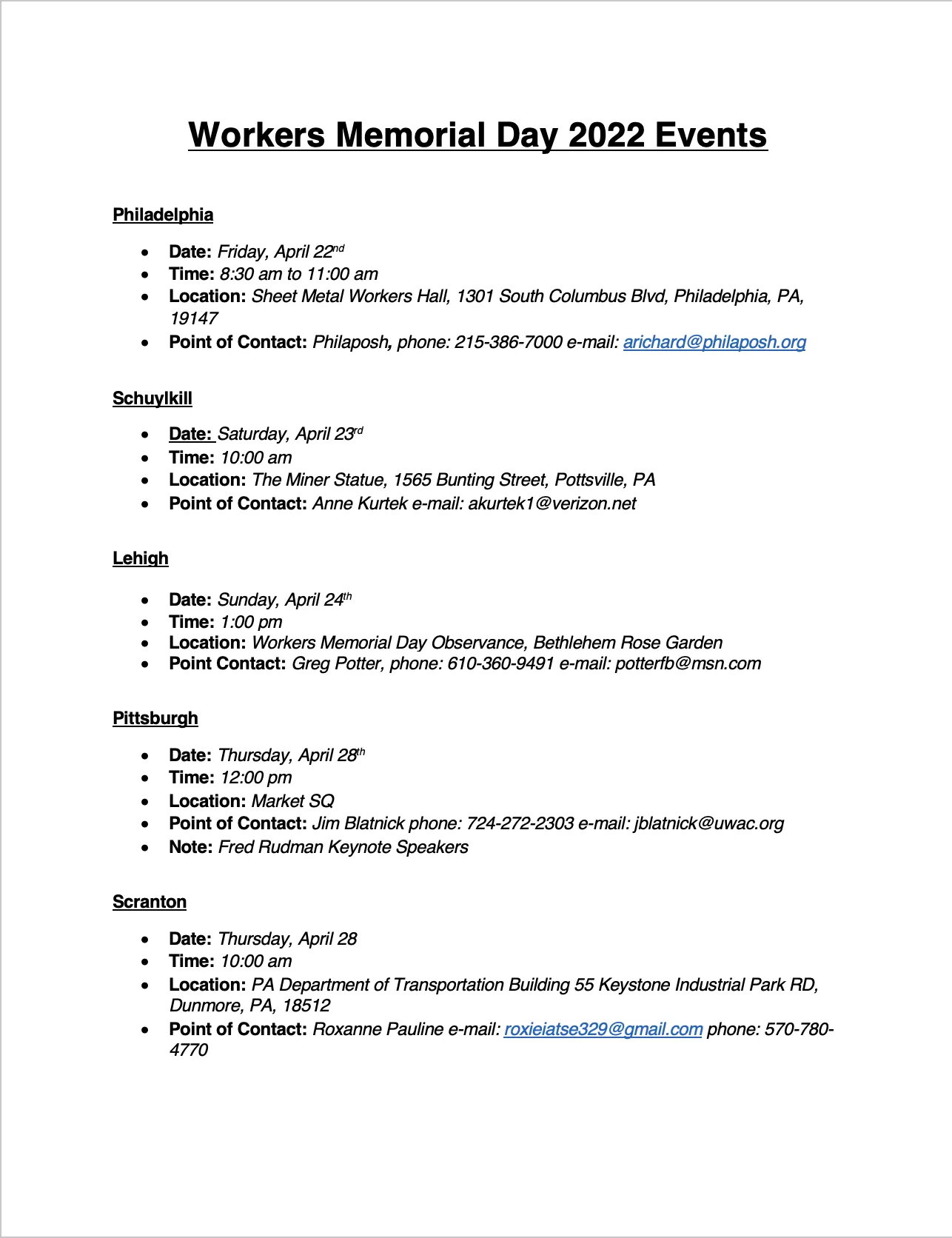 Workers' Memorial Day 2022 Event List Page 1 of 2