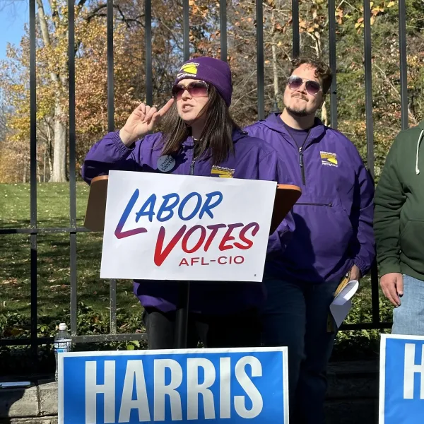 Vice President Korin speaking at a GOTV rally at the Allen St. Gates in State College on Sunday, Nov. 3, 2024.