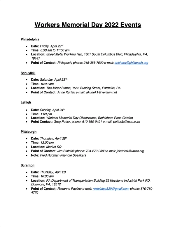Workers' Memorial Day 2022 Event List Page 1 of 2